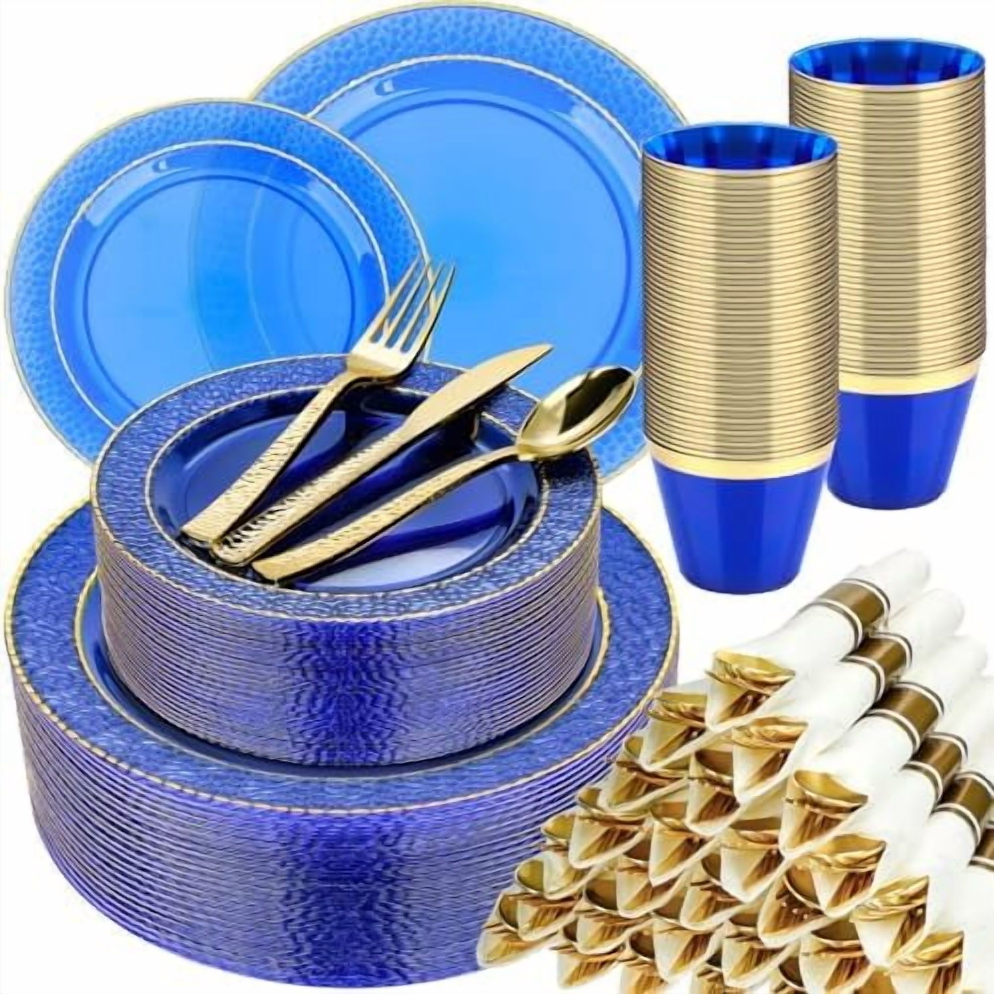 350PCS Clear Blue Plastic Plates for 50 Guests, Disposable Dinnerware ...