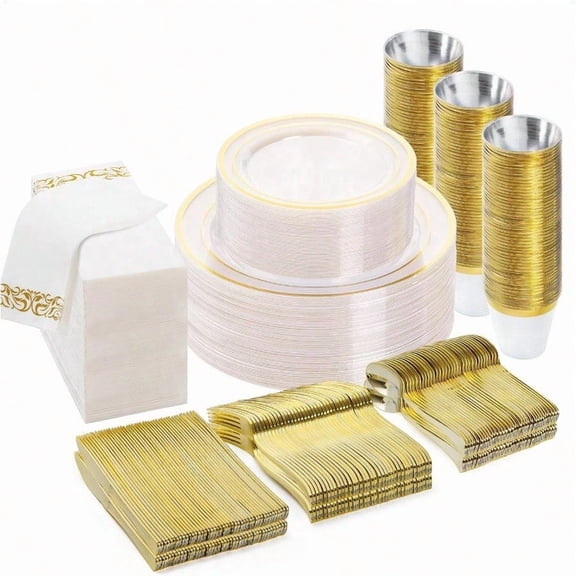 350PCS Clear Gold Disposable Dinnerware Set for 50 Guests Plastic Plates for Party Wedding Christmas Halloween Include: 100 Plastic Plates 50 Gold Sierware 50 Cups 50 Napkins