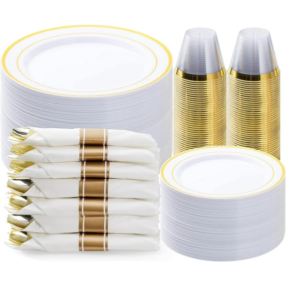 350PCS Clear Gold Plastic Dinnerware Set for 50 Guests, Disposable Party Plate for Christmas and New Year,Halloween, Include: 100 Plastic Plates, 50 Pre Rolled Napkins with Silverware, 50 Cups