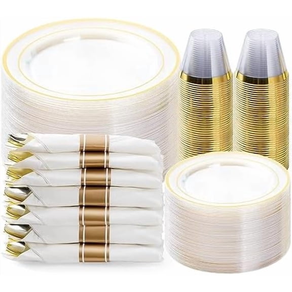 350PCS Clear Gold Plastic Dinnerware Set for 50 Guests, Disposable Party Plate for Christmas and New Year,Halloween, Include: 100 Plastic Plates, 50 Pre Rolled Napkins with Silverware, 50 Cups