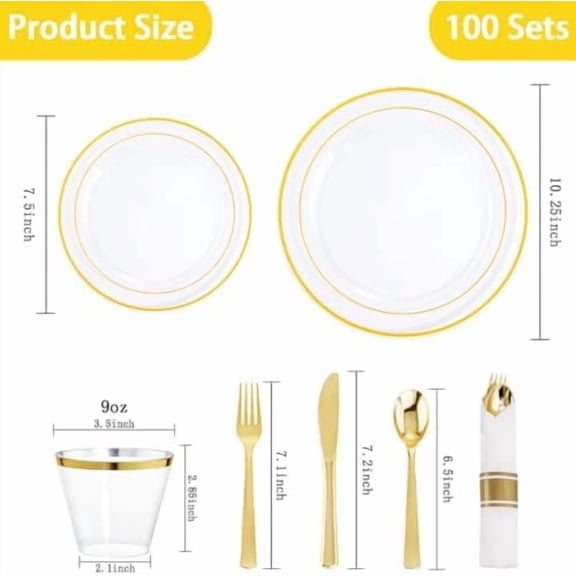 350PCS Clear Gold Plastic Dinnerware Set for 50 Guests Gold Plates Disposable Include: 50 Dinner Plates, 50 Dessert Plates,50 Pre Rolled Napkins with Gold Silverware,50 Cups for Party Wedding