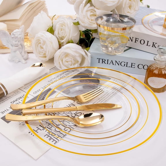 350PCS Clear Gold Plastic Dinnerware Set for 50 Guests