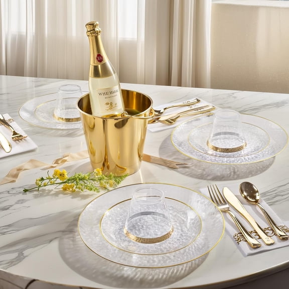 350PCS Clear Gold Plastic Dinnerware Set for 50 Guests