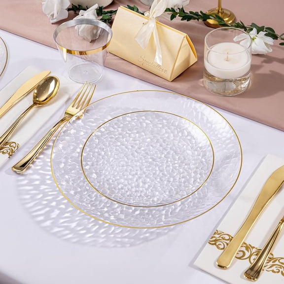 350PCS Clear Gold Plastic Dinnerware Set