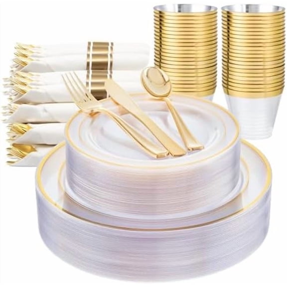 350PCS Clear-Gold Plastic Plates - 100 Disposable Plates, 150Plastic Silverware, 50 Cups, 50 Napkins for Wedding & Party