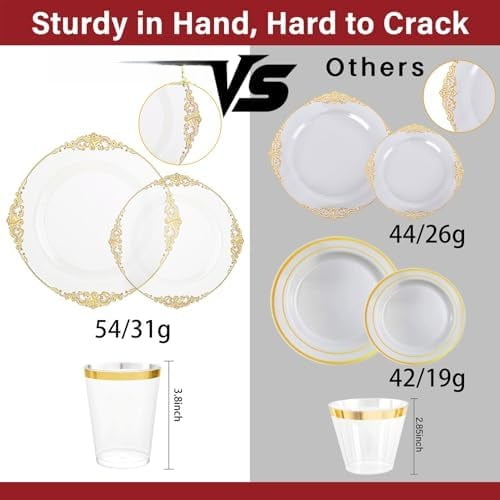 350PCS Clear Gold Plastic Plates - Gold Plastic Dinnerware Sets for 50 Guests - 100 Disposable Plates, 150 Silverware, 50 Cups, 50 Napkins for Wedding & Party & Thanksgiving