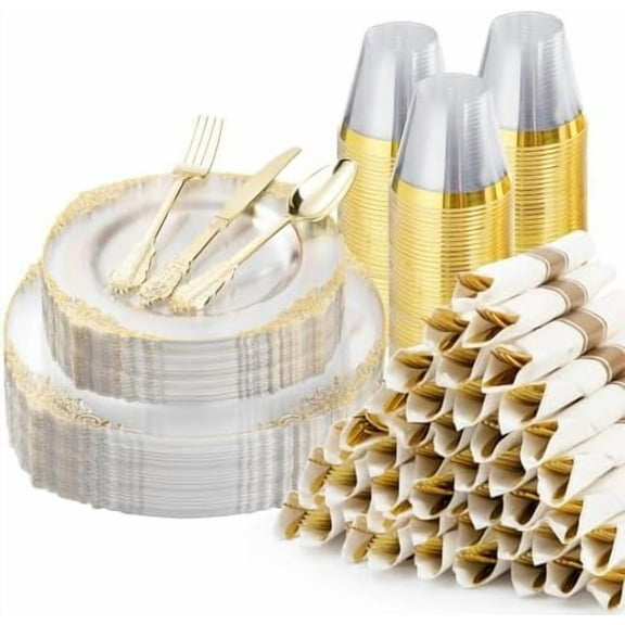 350PCS Clear Plastic Plates for 50 Guests, Disposable Dinnerware Sets Include 50 Gold Rim Plastic Plates, 25 Silverwares, 25 Cups, and 25 Pre Rolled Napkins for Party, Wedding and Graduation