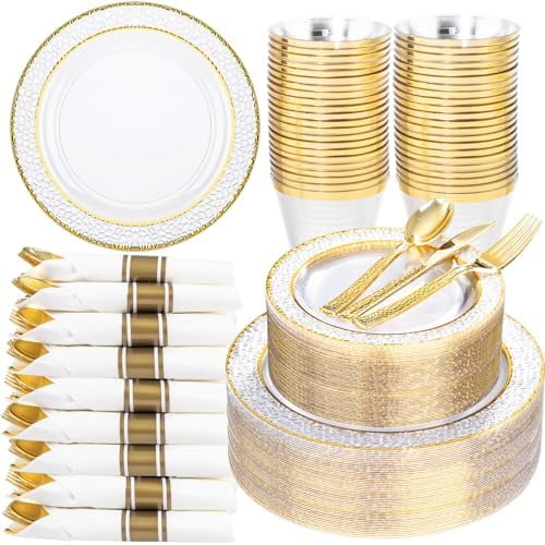 350PCS Clear Plastic Plates with Gold Trim for 50 Guests,Includes 100 Plastic Plates, 50 Pre Rolled Napkins with Gold Silverware, 50 Cups, Disposable Dinnerware Set for Wedding & Party