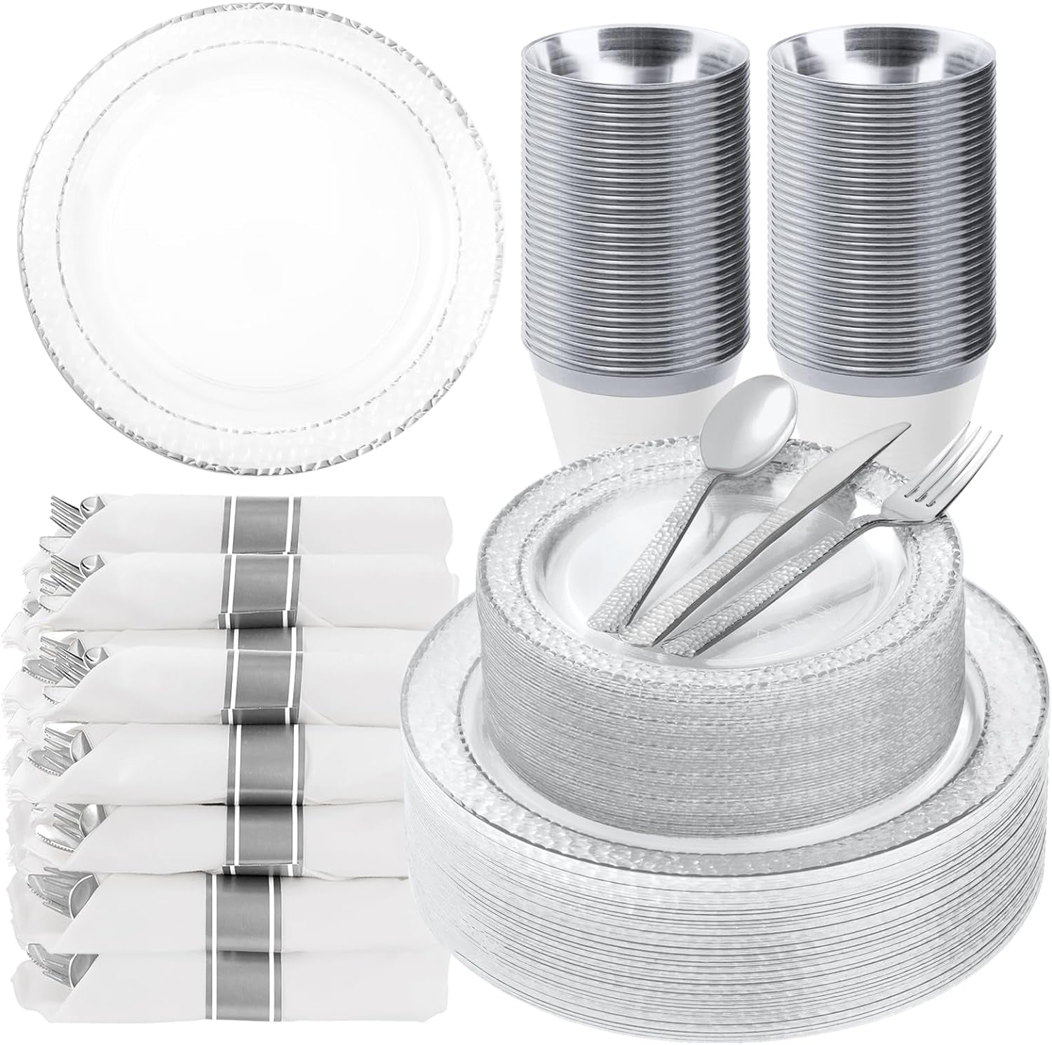 350PCS Clear Plastic Plates with Silver Trim for 50 Guests
