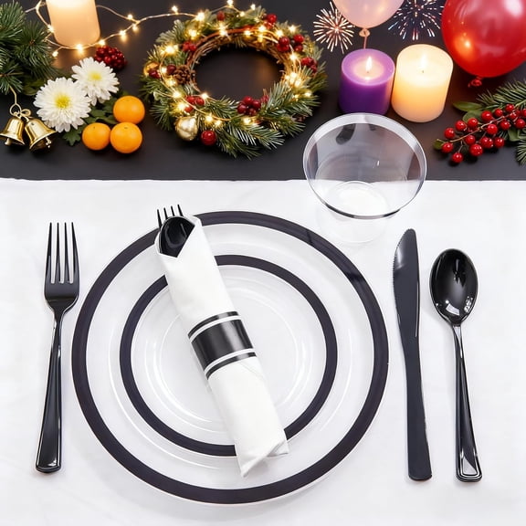 350PCS Clear Plates with Black Rim for 50 Guests Dinnerware Set