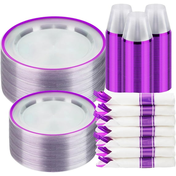350PCS Clear and Purple Disposable Plates Set for 50 Guests, 100 Plastic Plates, 50 Plastic Cups, 50 Pre-Rolled Napkins with Cutlery
Visit the BESTSTAR Store