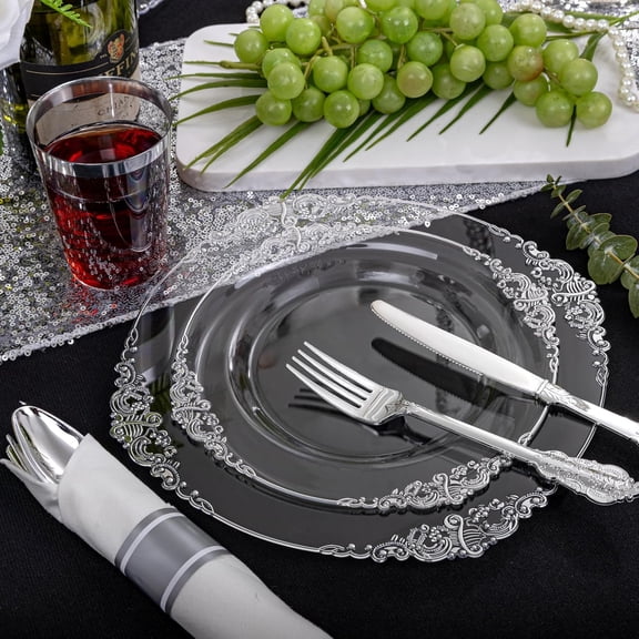 350PCS Clear Silver Plastic Plates - Silver Disposable Plates sets Include 50 Dinner Plates,50 Salad Plates,50 Forks,50 Knives, 50 Spoons,50 Cups, 50 Rolled Napkins for Wedding & Christmas
