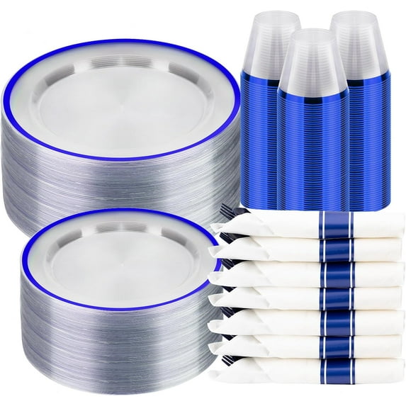 350PCS Clear and Blue Disposable Plates Set for 50 Guests, 100 Plastic Plates, 50 Cups, 50 Pre-Rolled Napkins with Plastic Cutlery