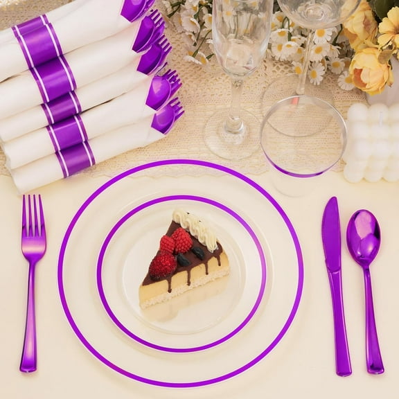 350PCS Clear and  Disposable Plates Set for 50 Guests, 100 Plastic Plates, 50 Plastic Cups, 50 Pre-Rolled Napkins with Cutlery