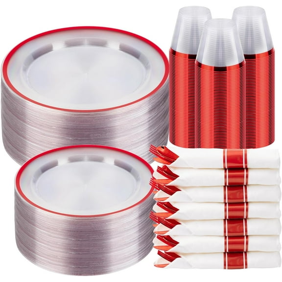 350PCS Clear and Red Disposable Plates Set for 50 Guests, 100 Plastic Plates, 50 Plastic Cups, 50 Pre-Rolled Napkins with Cutlery