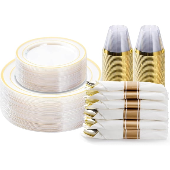 350PCS Gold Plastic Dinnerware Set, Disposable Party Plates for 50 Guests, Include: 100 Plastic Plates, 50 Pre Rolled Napkins with Gold Silverware, 50 Cups