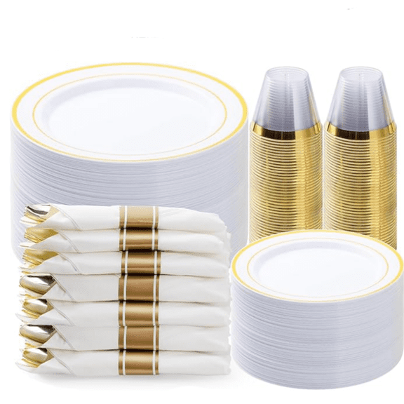 350PCS Gold Plastic Dinnerware Set, Disposable Party Plates for 50 Guests, Include: 100 Plastic Plates, 50 Pre Rolled Napkins with Gold Silverware, 50 Cups