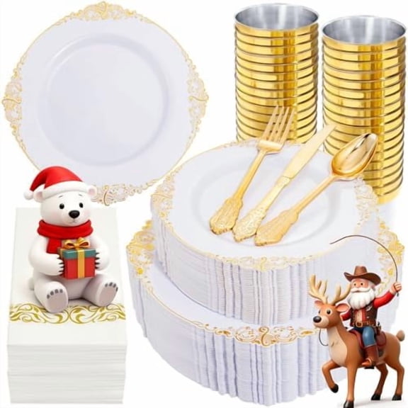 350PCS Gold Plastic Dinnerware - White and Gold Disposable Plates for 50 Guests - 100 White Disposable Plates, 150 Plastic Silverware, 50 Cups, 50 Napkins for Wedding & Party & Thanksgiving