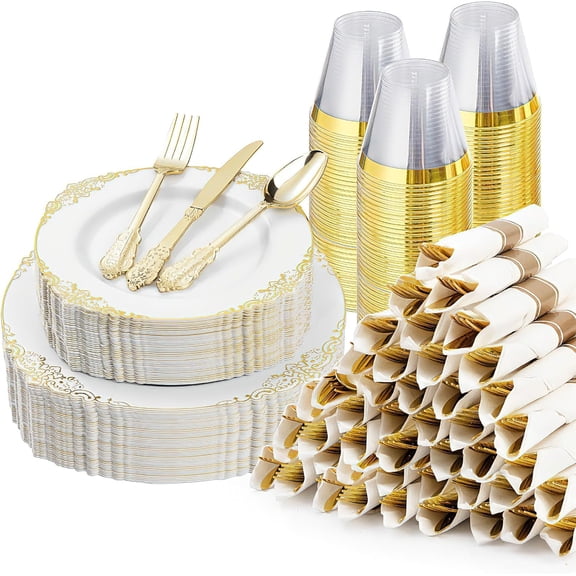 350PCS Gold Plastic Plates for 50 Guests, Disposable Dinnerware Sets Include 100 Rim Plates, Silverwares, Cups, and Pre Rolled Napkins Party, Wedding, Graduation