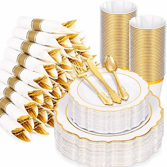 350PCS Gold Plastic Plates Disposable Dinnerware Set for Party, Wedding Baby Shower White and Gold, Food-Safe Plastic, Elegant Metallic Finish