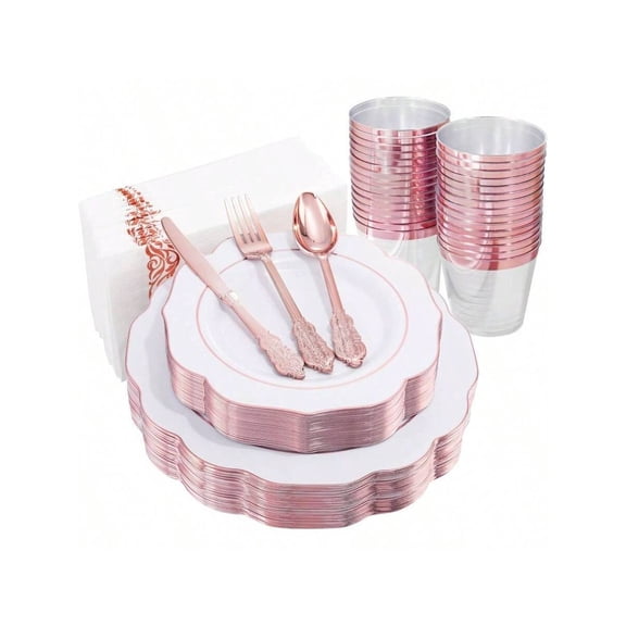 350PCS Gold Plastic Plates - Gold Disposable Dinnerware Set - Include DinnerDessert Plates, 50 Cups, 50 Pre Rolled Napkins With Cutlery Set - PartyWedding