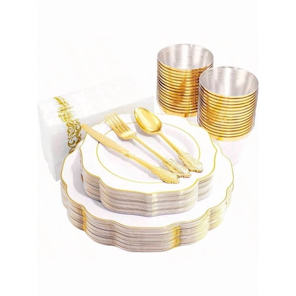 350PCS Gold Plastic Plates - Gold Disposable Dinnerware Set - Include DinnerDessert Plates, 50 Cups, 50 Pre Rolled Napkins With Cutlery Set - PartyWedding