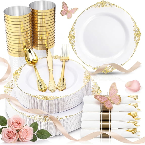 350PCS Gold Plastic Plates - Gold Plastic Dinnerware Sets for 50 Guests - 100 Disposable Plates, 150 Silverware, 50 Cups, 50 Napkins for Wedding & Party & Mother's Day