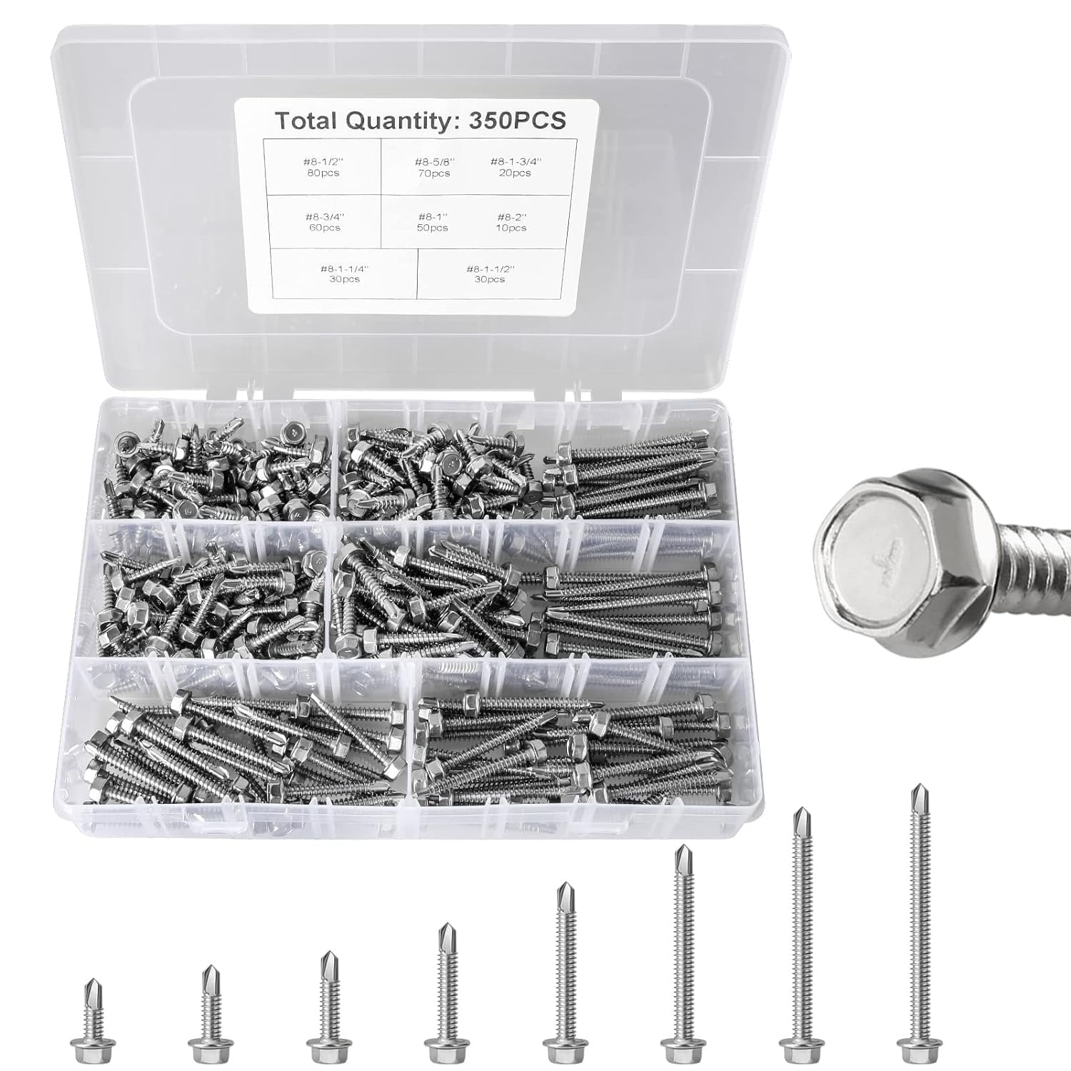 350PCS Hex Head Self Drilling Tapping Screws Assortment Kit, Hex Head Self Tapping Screws for Metal 1/2", 5/8", 3/4", 1", 1-1/4", 1-1/2", 1-3/4