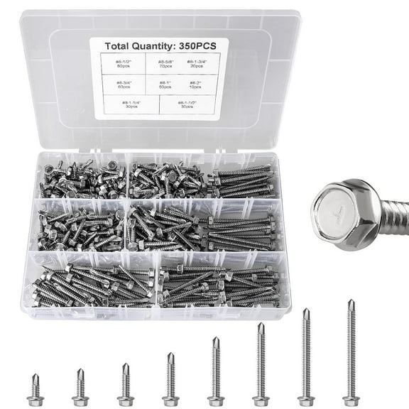 350PCS Hex Head Self Tapping Screws Assortment Kit, 410 Stainless Steel Self Drilling Metal Screw Assortment Kit 8 x 1/2", 5/8", 3/4", 1", 1-1/4", 1-1/2", 1-3/4", 1"