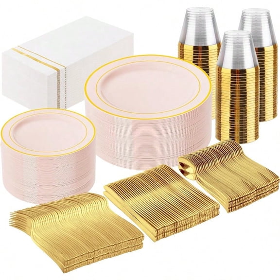 350PCS Pink Plastic Plates Disposable Plastic Dinnerware Set Include 100 Pink Plates 150 Silverware 50 Napkins 50 Cups For Party Wedding