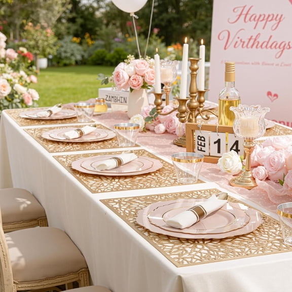 350PCS Pink Plates Disposable - Baroque Plastic Dinnerware Set for 50 Guests with Gold Rim, Napkins & Cutlery