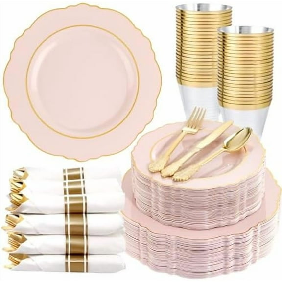 350PCS Pink Plates Disposable - Pink and Gold Plates 50guest Baroque Plastic Dinnerware include 100Plates, 50Pack Pre Rolled Napkins with Silverware 50Cups Perfect for Wedding＆Mother's Day
