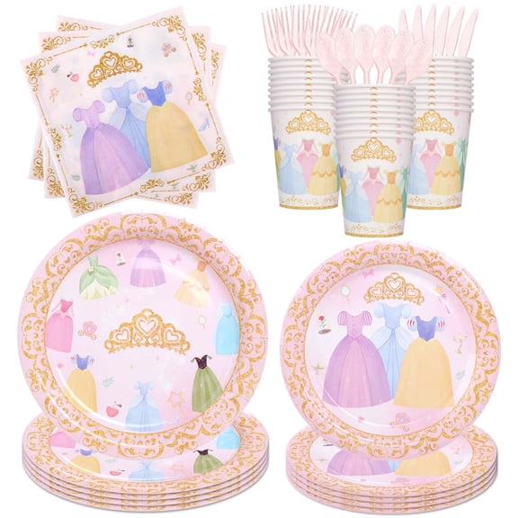 350PCS Princess Paper Plates Napkins, Princess Themed Birthday Party Decorations Pink Party Supplies Disposable Dinnerware Set Plate, Utensils, Cup, Napkin, Tableware Set, Serve 50 Guests Y102