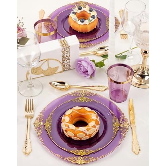 350PCS Purple Plastic Plates - Purple Plastic Dinnerware Sets for 50 Guests - 100 Disposable Plates, 150 Gold Silverware, 50 Cups, 50 Napkins for Wedding & Party