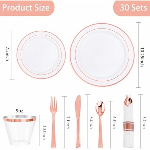 350PCS Rose Gold Plastic Dinnerware Set for 50 Guests, Plastic Plates for Party Include: 50 Dinner Plates, 50 Dessert plates,50 Pre Rolled Napkins with Rose Gold Silverware,50 Cups for Wedding