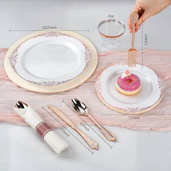 350PCS Rose Gold Plastic Plates for 50 Guests, Disposable Dinnerware Sets Include 100 Rose Gold Rim Plastic Plates, 50 Silverware and Cups, 50 Pre Rolled Napkins for Party, and Graduation