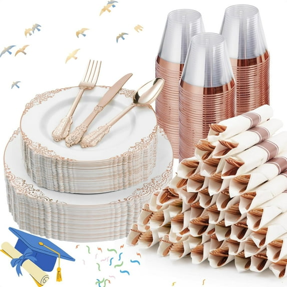 350PCS Rose Gold Plastic Plates for 50 Guests, Disposable Dinnerware Sets Include 100 Rose Gold Rim Plastic Plates, 50 Silverware and Cups, 50 Pre Rolled Napkins for Party, and Graduation
