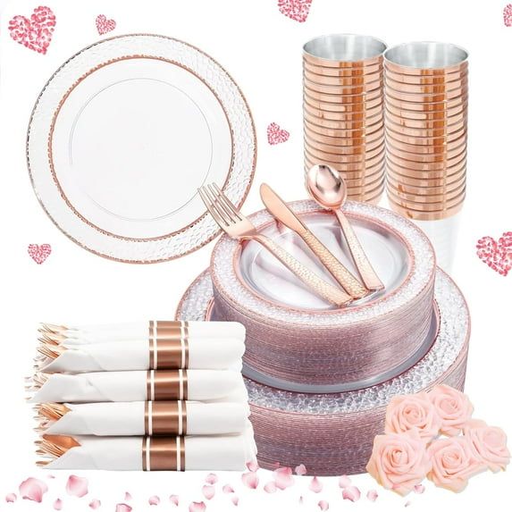 350PCS Rose Gold Plastic Plates-Clear Rose Disposable Plates 50 Guests include 50 Dinner Plates,50 Salad Plates,50 Forks,50 Knives,50 Spoons,50 Cups,50 Napkins for Wedding&Party