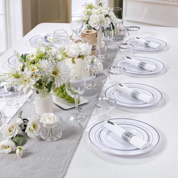 350PCS Silver Plastic Dinnerware Set for 50 Guests, Fancy Disposable Plates for Party, Include: 50 Dinner Plates, 50 Dessert Plates, 50 Pre Rolled Napkins with Silver Silverware, 50 Cups