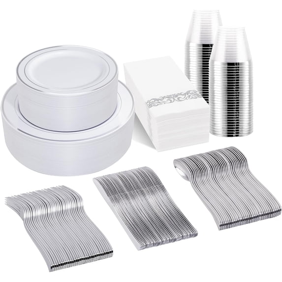 350PCS Silver Plastic Dinnerware Set for 50 Guests - Silver Plastic Plates Disposable for Party Include 50 Dinner Plates,50 Dessert Plates,50 Forks,50 Knives,50 Spoons,50Cups,50 Napkins