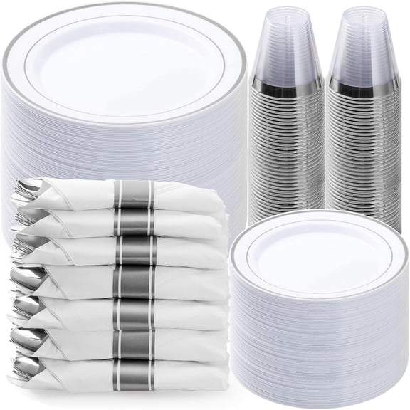 350PCS Silver Plastic Dinnerware Set, Disposable Party Plates for 50 Guests, Include: 100 Plastic Plates, 50 Pre Rolled Napkins with Silver Silverware, 50 Cups