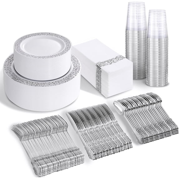 350PCS Silver Plastic Dinnerware Set - Silver Plastic Plates Disposable Lace Design for 50 Guests Include 100 Plates,50 Forks, 50 Knives, 50 Spoons,50Cups,50 Napkins,Idea for Party&Wedding