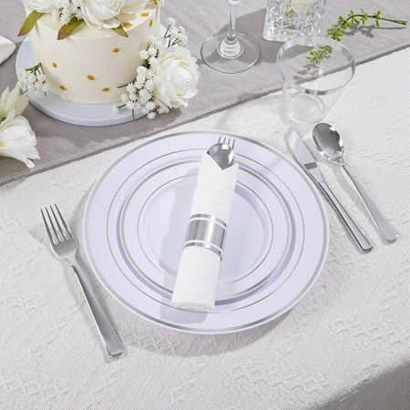 350PCS Silver Plastic Dinnerware Set for 50 Guests
