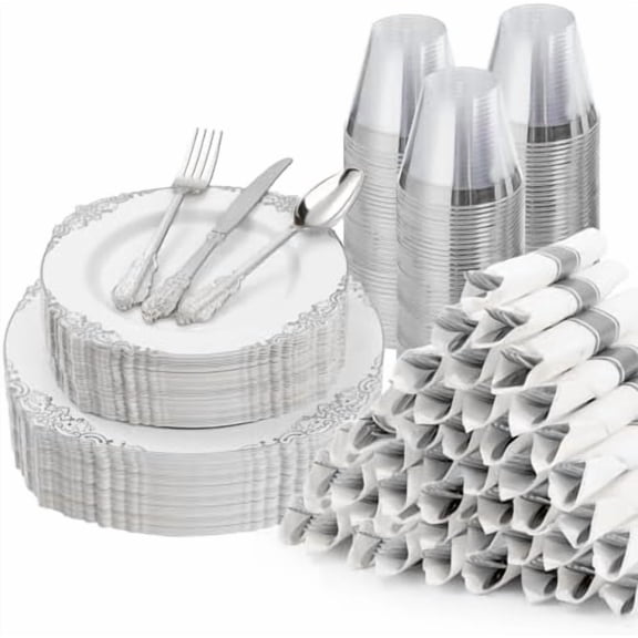 350PCS Silver Plastic Plates for 50 Guests, Disposable Dinnerware Sets Include 100 Silver Rim Plastic Plates, 50 Silverware, 50 Pre Rolled Napkins for Party, Wedding & Decor