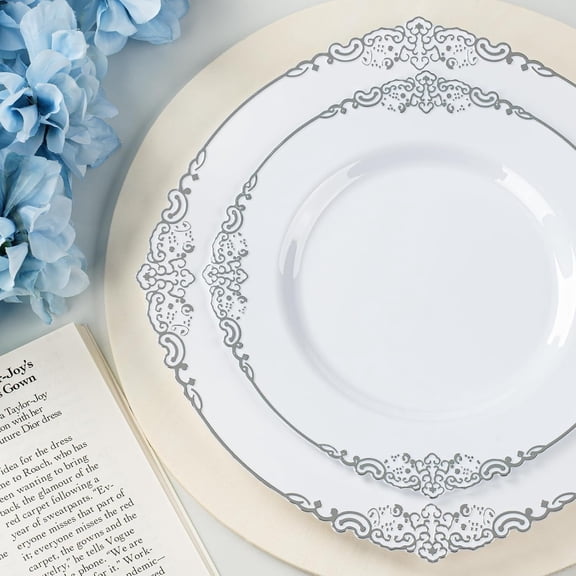 350PCS Silver Plastic Plates for 50 Guests, Disposable Dinnerware Sets Include 100 Silver Rim Plastic Plates, 50 Silverware, 50 Pre Rolled Napkins for Party, Wedding & Decor