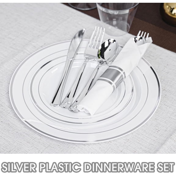 350PCS Silver Plastic Plates Dinnerware Set - 50 Dinner & Dessert Plates, 50 Napkins, 50 Cups, 50 Cutlery Sets for Party, Wedding, Thanksgiving