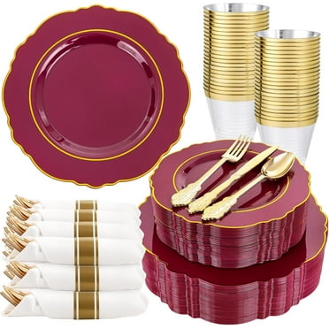 350PCS Purple Plastic Plates - Disposable Light Purple and Gold Plates 50guest Baroque Plastic Dinnerware include 100Plates, 50Pack Pre Rolled Napkins with Silverware 50Cups for Easter Day