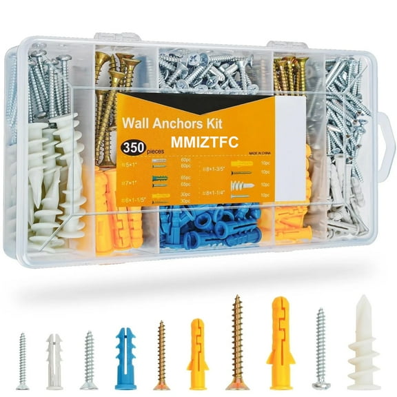 350PCS Wall Anchors Kit for Sheetrock Concrete Brick,175 Drywall Anchors and 175 Flat Head Screws, 5 Sizes Dry Wall Anchor Assortment Set
