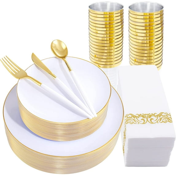350PCS White Gold Plastic Plates - Gold Disposable Dinnerware Sets - Gold Plastic Silverware - 100Plates, 150Plastic Cutlery, 50 Cups and 50 Napkins for Wedding & Party & Thanksgiving