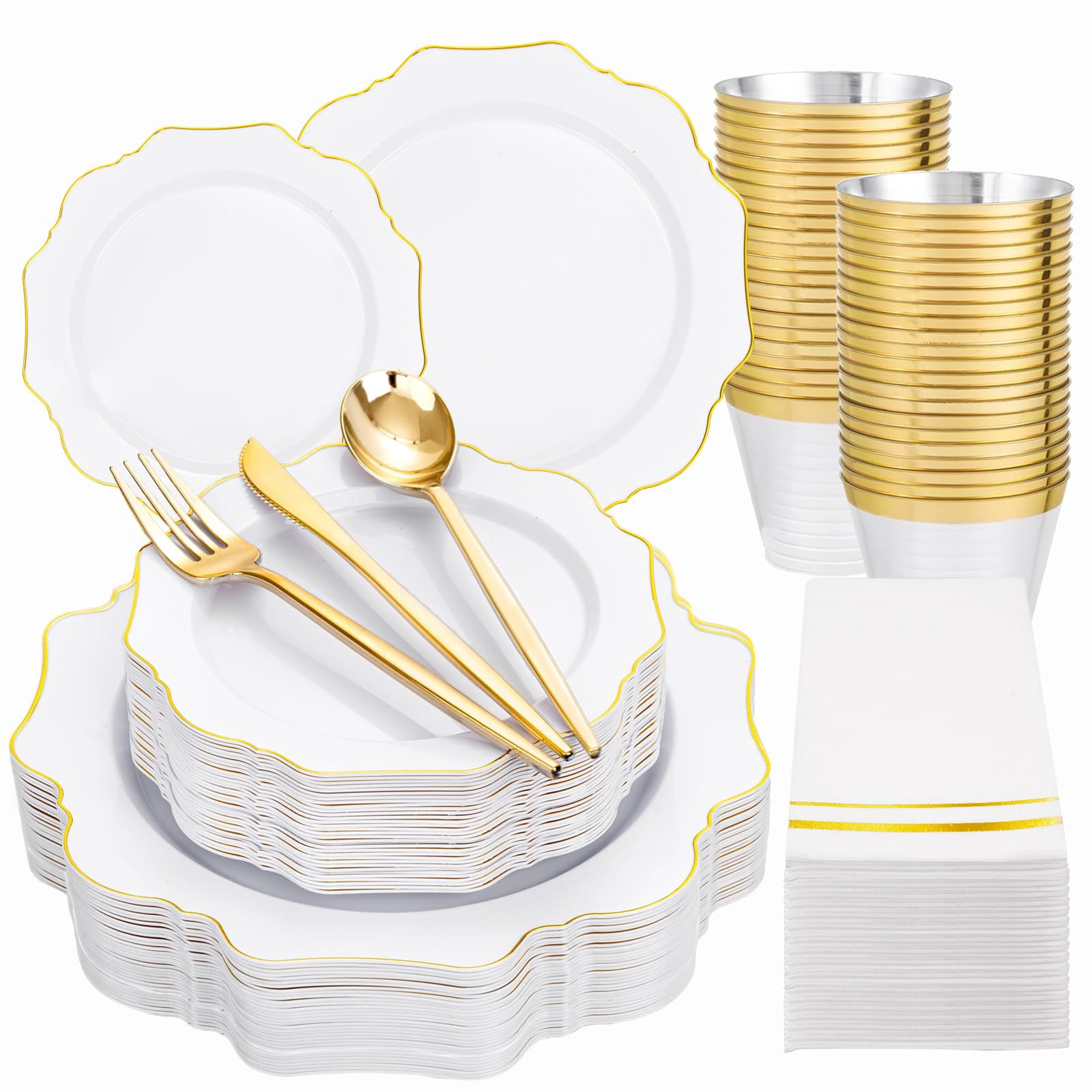 350PCS White and Gold Disposable Plastic Plates Set for Parties 350PCS White and Gold Disposable Plastic Plates Set for Parties